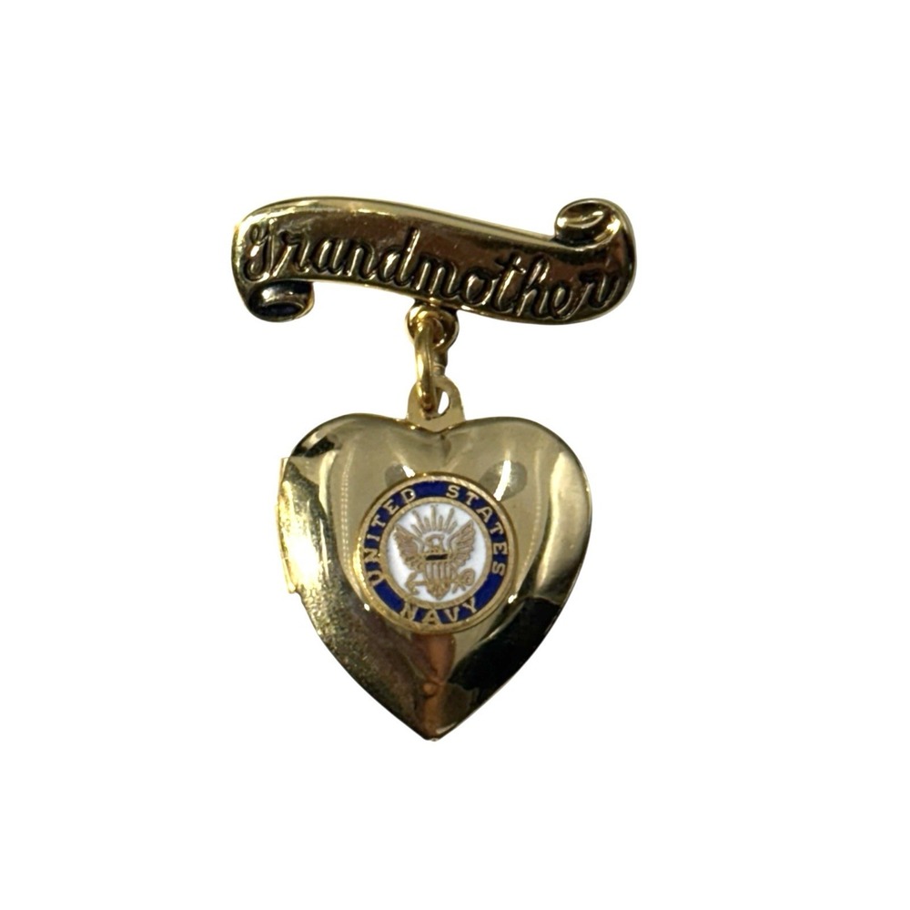 Vintage Gold Tone United States Navy Grandmother Heart Locket Brooch Pin